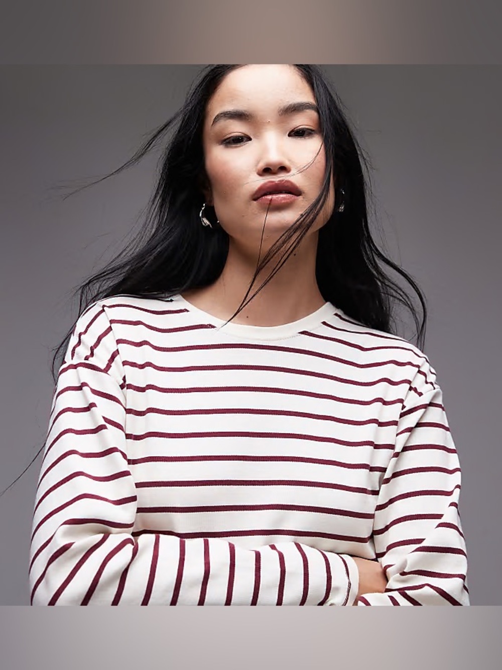 MANGO S Cotton Ecru Burgundy Stripe Drop Shoulder Top Heavy Tee Light Sweater